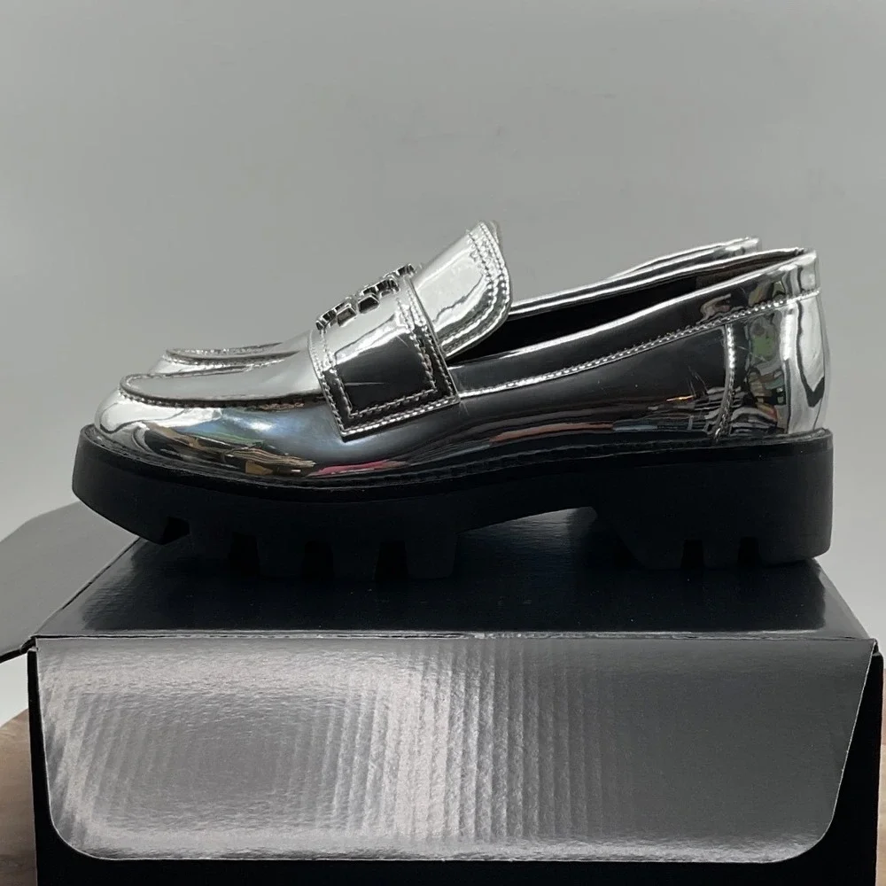 Tory Burch Metallic Silver Lug Sole Loafers Double T Logo Platform Shoes 6M